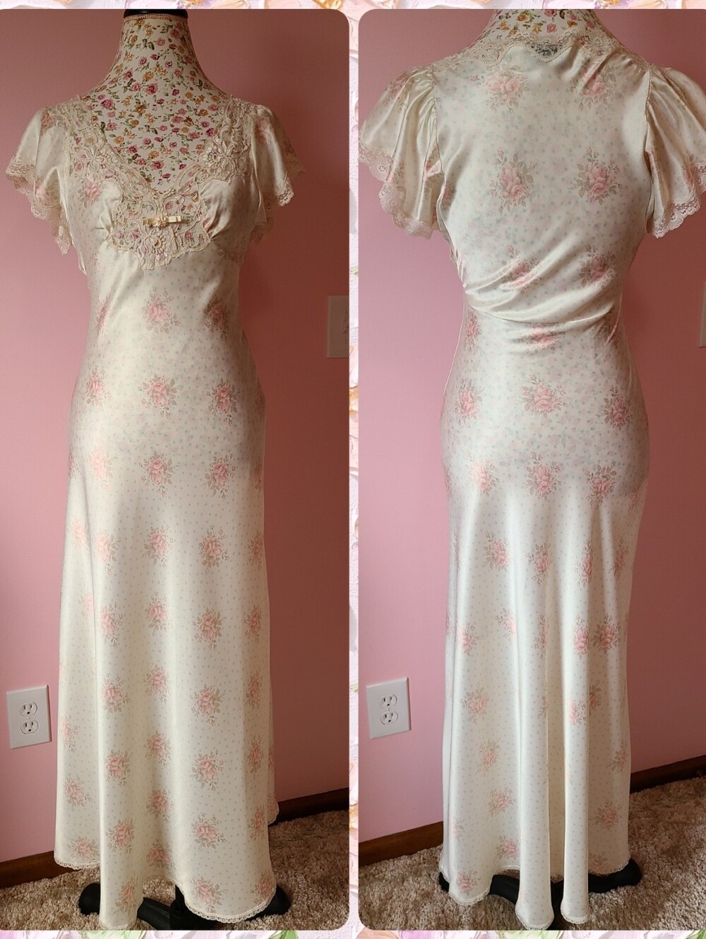 Rare VTG Dior Romantic Floral Satin Flutter Long Maxi Nightgown Slip Size Sm